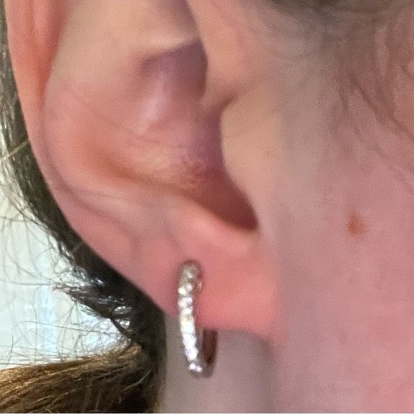 Silver Diamond Huggie Hoop Earrings - Picture 2 of 5